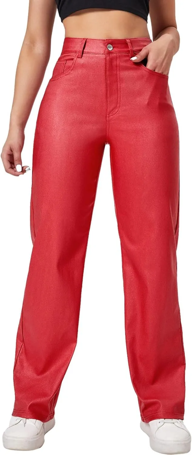 Verdusa Women's High Waist Leather Leggings Pocket Straight Wide Leg PU Pants
