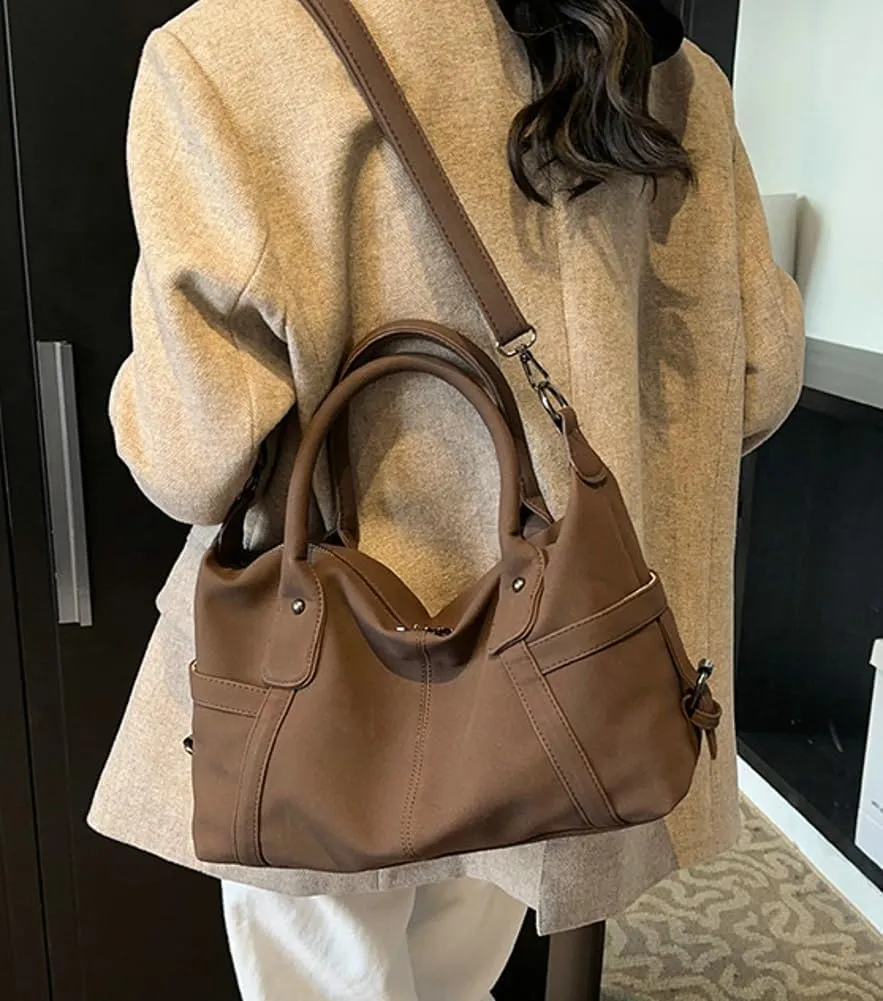 Vintage Tote Bags for Women Large Vegan Leather Shoulder Crossbody Purses Handbags Top Handle Ladies Travel Satchel