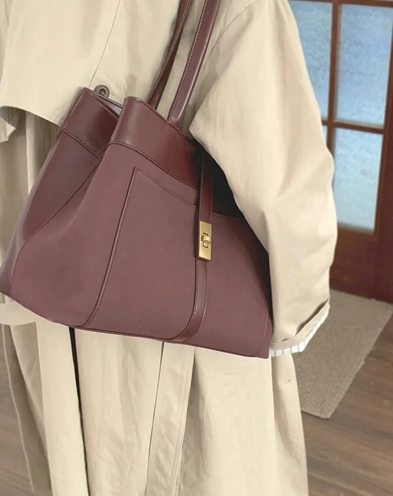 Vintage Vegan Leather Shoulder Bag for Women Large Suede Tote Satchels Purse Top-handle Travel Work Handbag