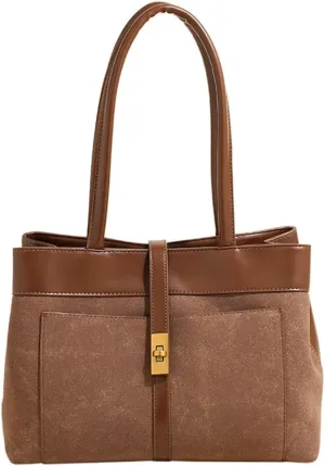 Vintage Vegan Leather Shoulder Bag for Women Large Suede Tote Satchels Purse Top-handle Travel Work Handbag
