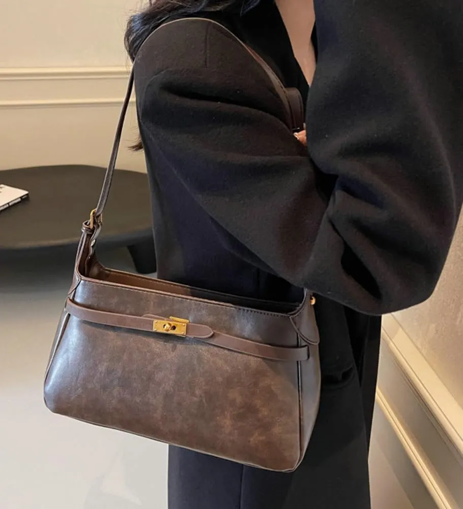 Vintage Vegan Leather Shoulder Bag for Women Small Crossbody Tote Purse Handbag Ladies Trendy Chic Satchel