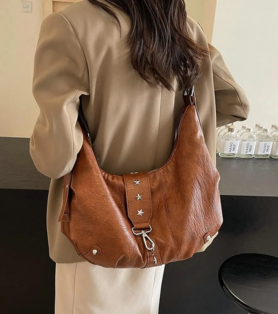 Vintage Vegan Leather Shoulder Bags for Women Large Dumpling Tote Purses Soft Handbags Y2k Metal Crossbody Satchels
