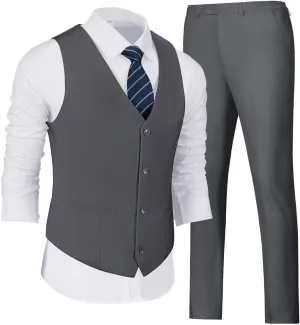Wehilion Men's Suits 2 Pieces, Vest Pants Set for Men, V-Neck Slim Fit Casual Suit Waistcoat