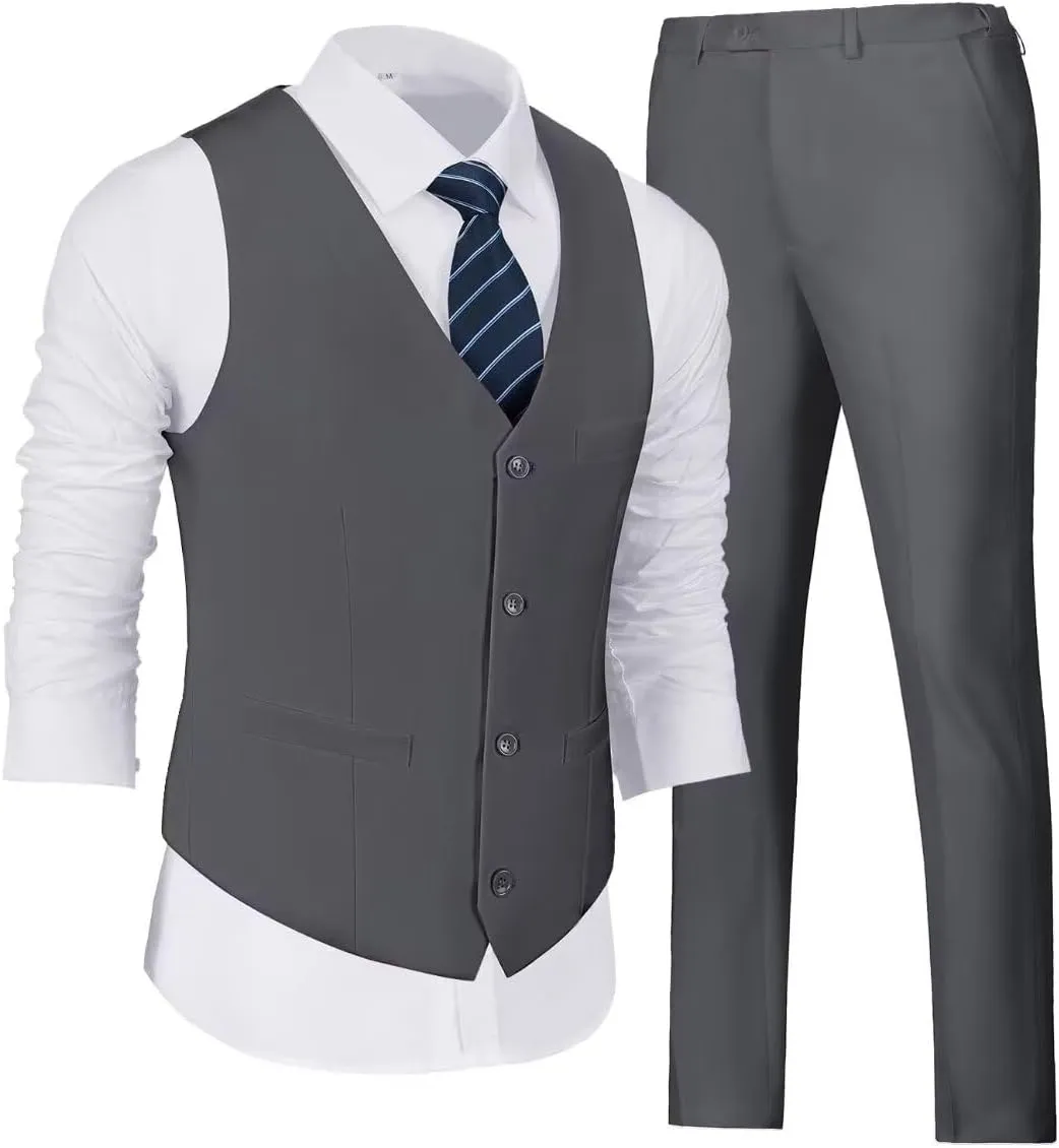 Wehilion Men's Suits 2 Pieces, Vest Pants Set for Men, V-Neck Slim Fit Casual Suit Waistcoat