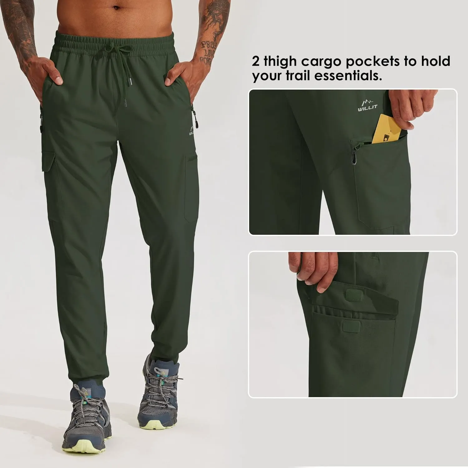 Willit Men's Hiking Joggers Travel Athletic Pants Lightweight Quick Dry Outdoor Running Pants with Zipper Pockets