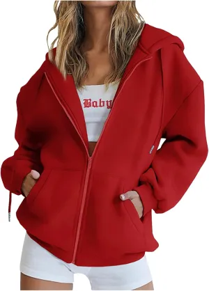 Wirziis Oversized Zip Up Hoodie for Women 2024 Fleece Jacket Fall Outfits Casual Hooded Tops Teen Girls Drawstring Cardigan