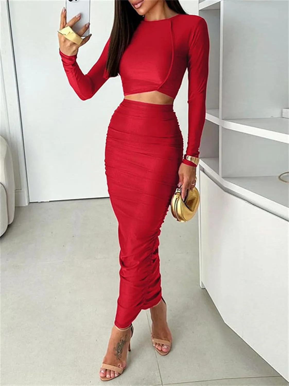 Women 2 Piece Skirt Sets Sexy Bodycon Ruched Maxi Dresses Long Sleeve Crop Tops Wrap Pencil Dress Club Outfits