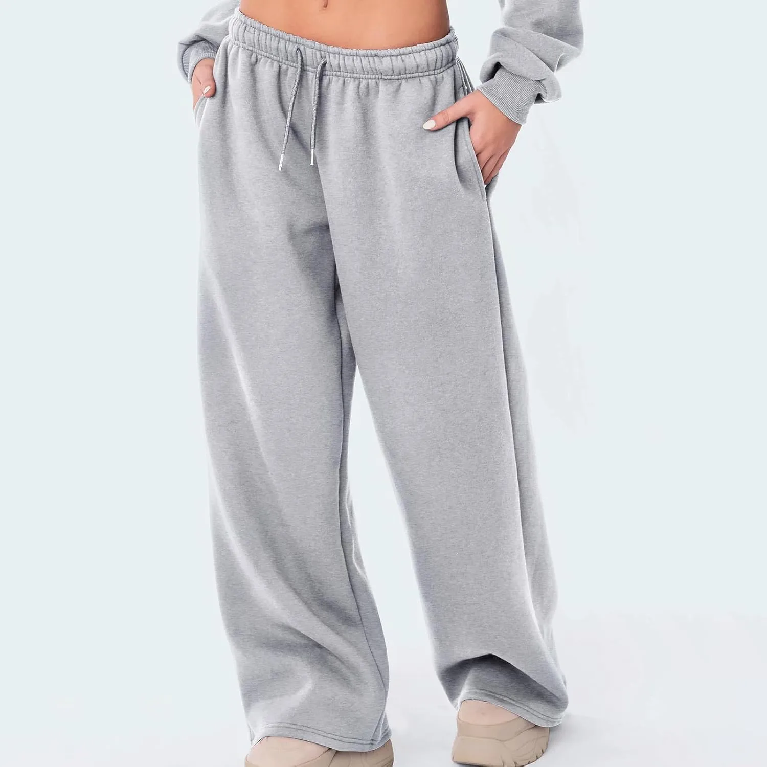 Women Casual Baggy Sweatpants Solid Color Joggers Lounge Pants Drawstring High Waist Wide Leg Trousers