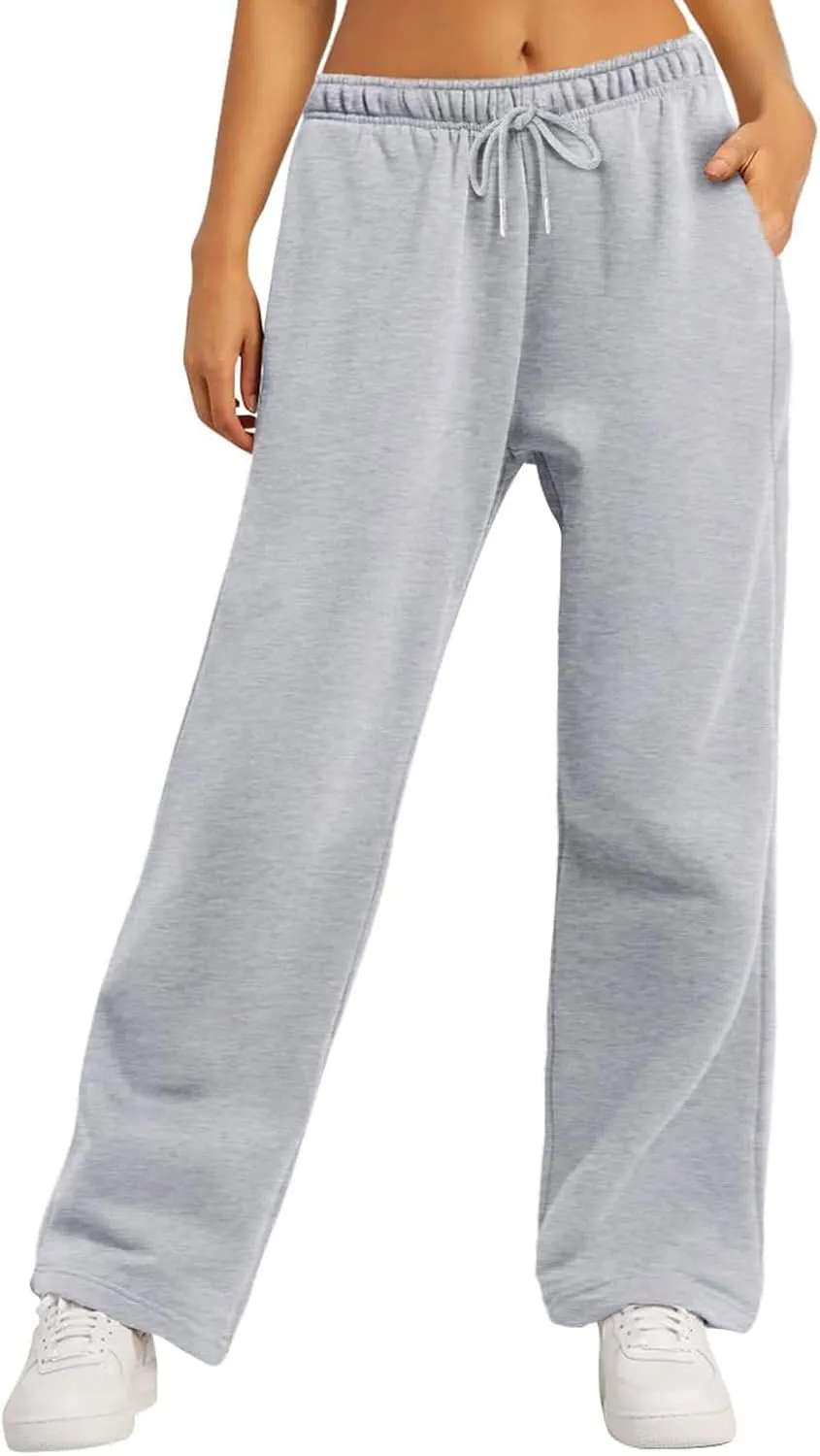 Women Casual Baggy Sweatpants Solid Color Joggers Lounge Pants Drawstring High Waist Wide Leg Trousers