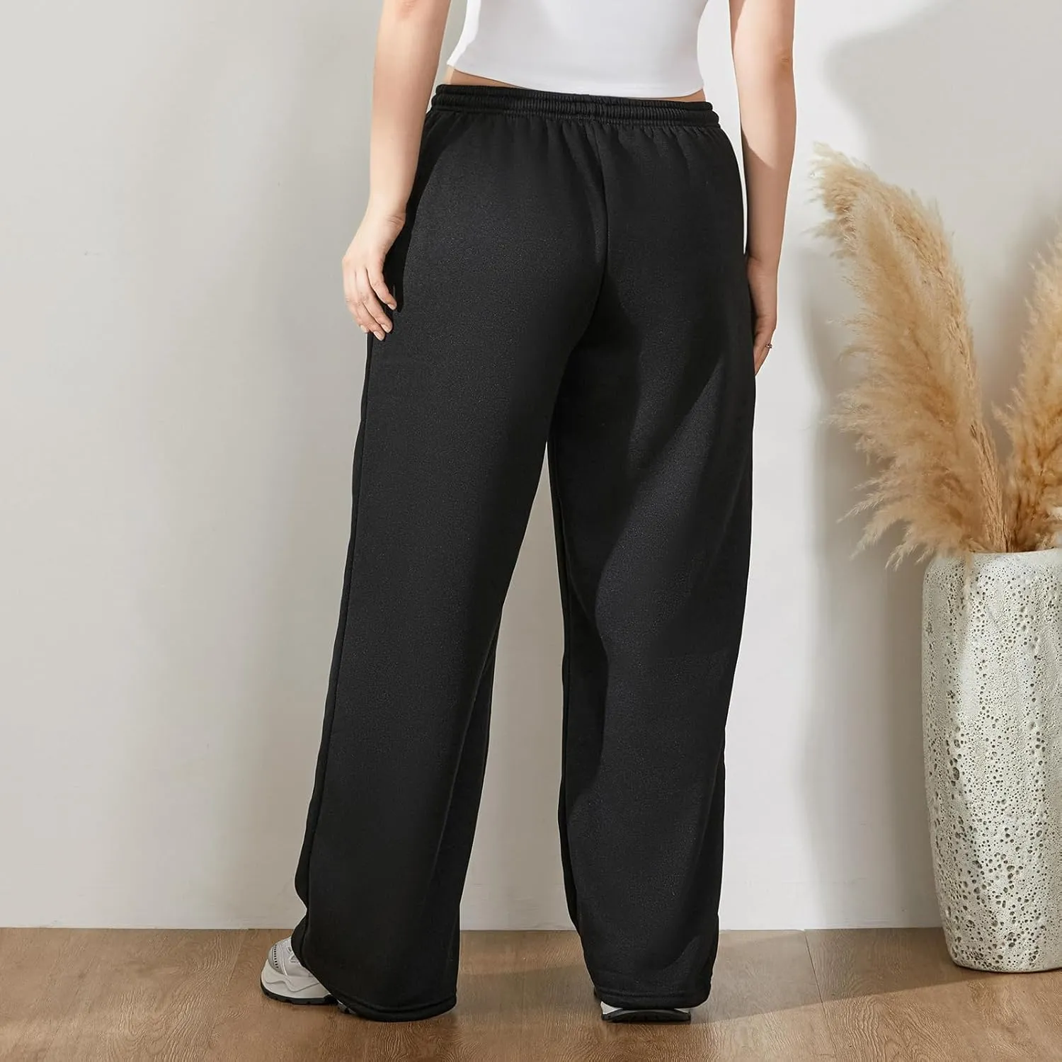 Women Casual Baggy Sweatpants Solid Color Joggers Lounge Pants Drawstring High Waist Wide Leg Trousers