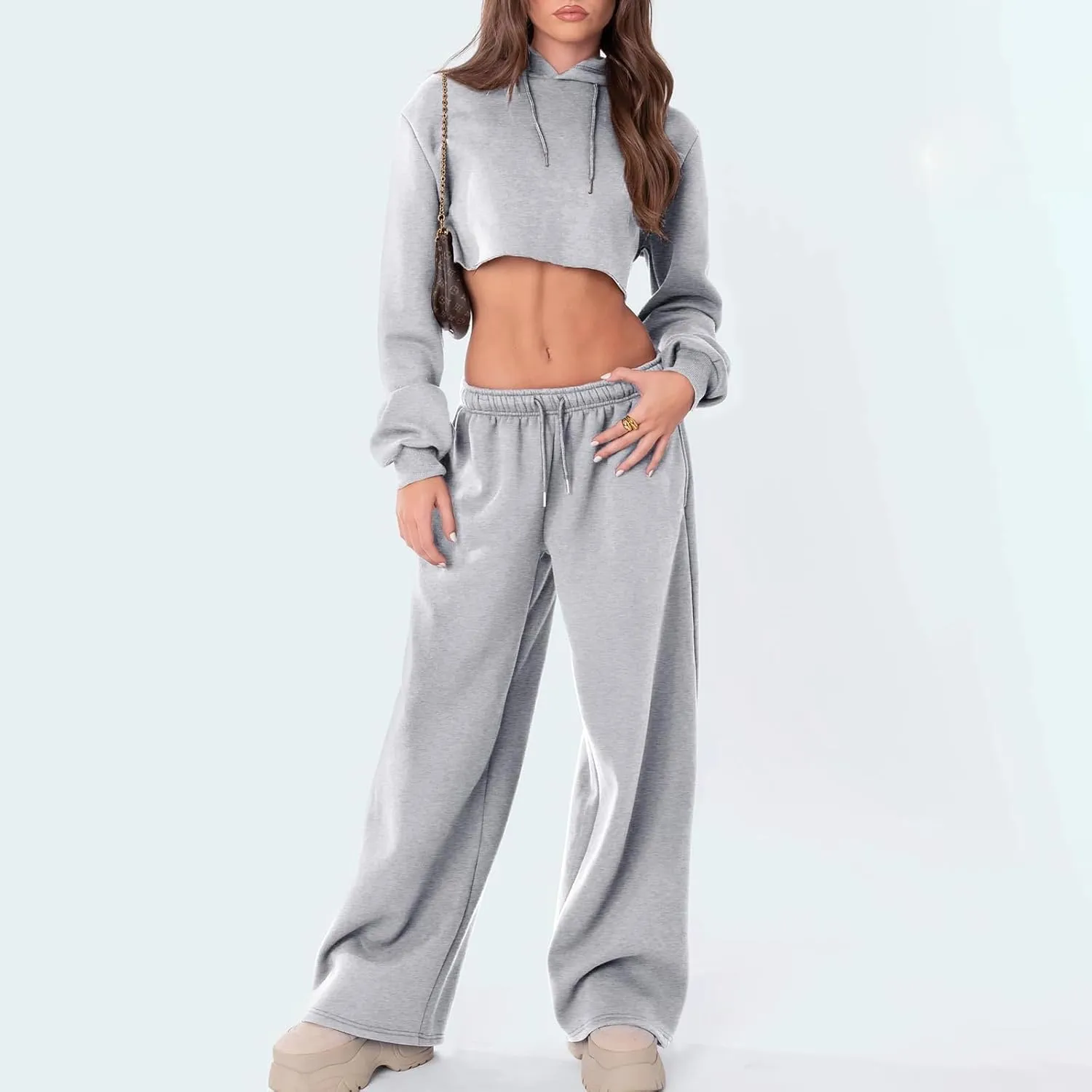 Women Casual Baggy Sweatpants Solid Color Joggers Lounge Pants Drawstring High Waist Wide Leg Trousers