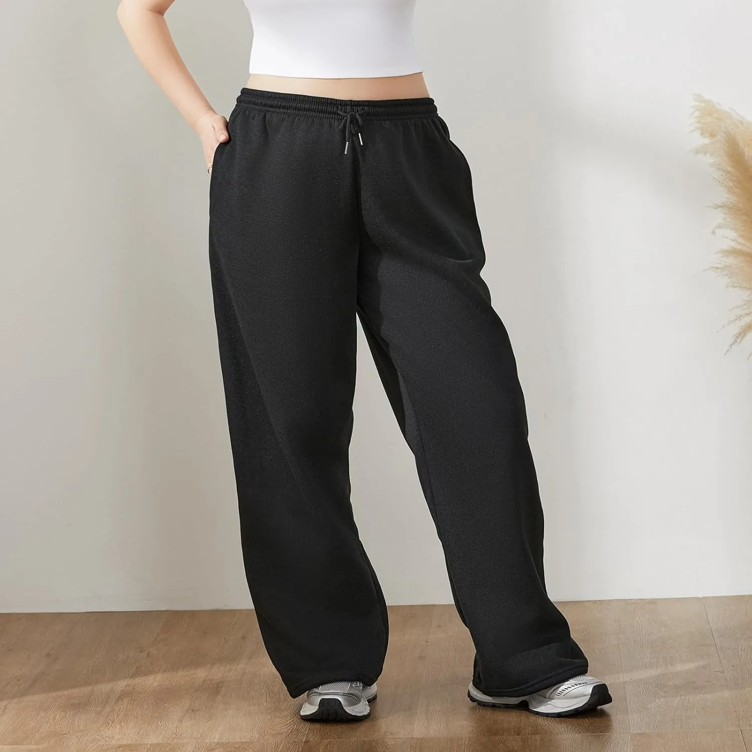Women Casual Baggy Sweatpants Solid Color Joggers Lounge Pants Drawstring High Waist Wide Leg Trousers