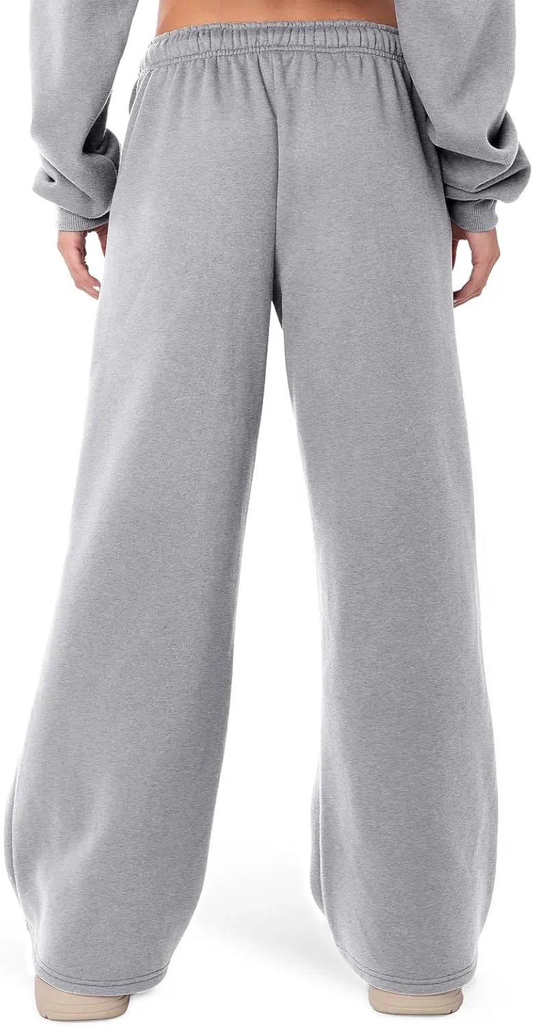 Women Casual Baggy Sweatpants Solid Color Joggers Lounge Pants Drawstring High Waist Wide Leg Trousers