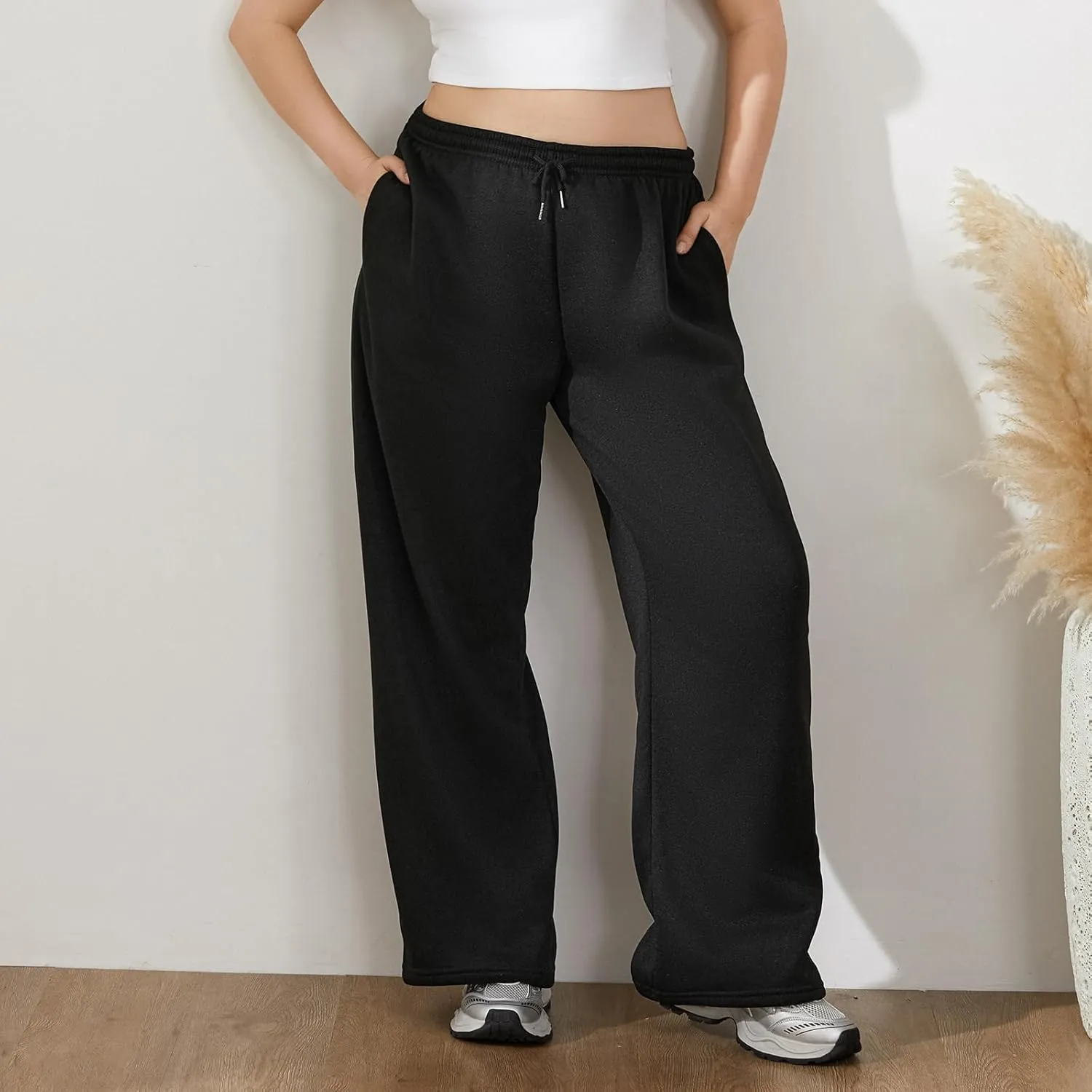 Women Casual Baggy Sweatpants Solid Color Joggers Lounge Pants Drawstring High Waist Wide Leg Trousers