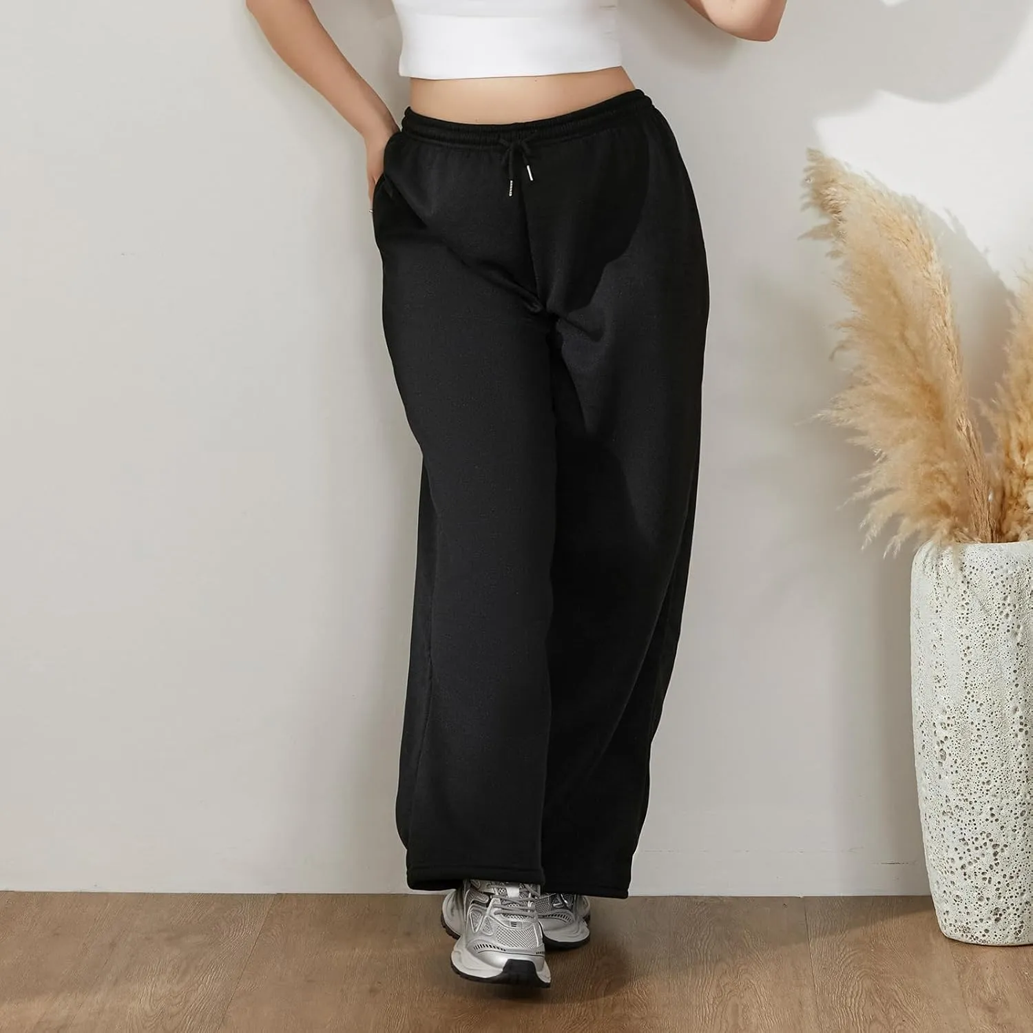 Women Casual Baggy Sweatpants Solid Color Joggers Lounge Pants Drawstring High Waist Wide Leg Trousers