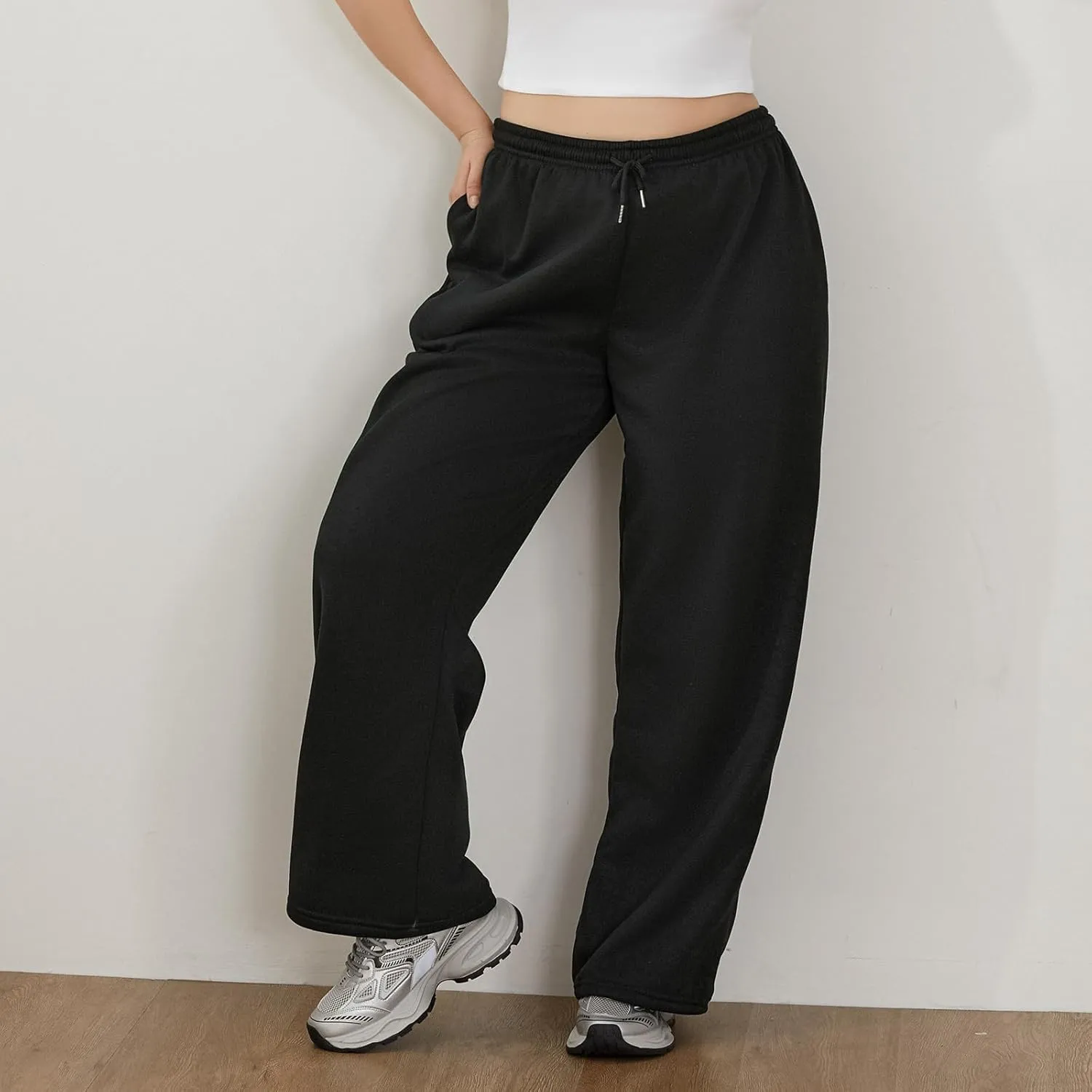 Women Casual Baggy Sweatpants Solid Color Joggers Lounge Pants Drawstring High Waist Wide Leg Trousers