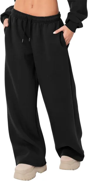 Women Casual Baggy Sweatpants Solid Color Joggers Lounge Pants Drawstring High Waist Wide Leg Trousers