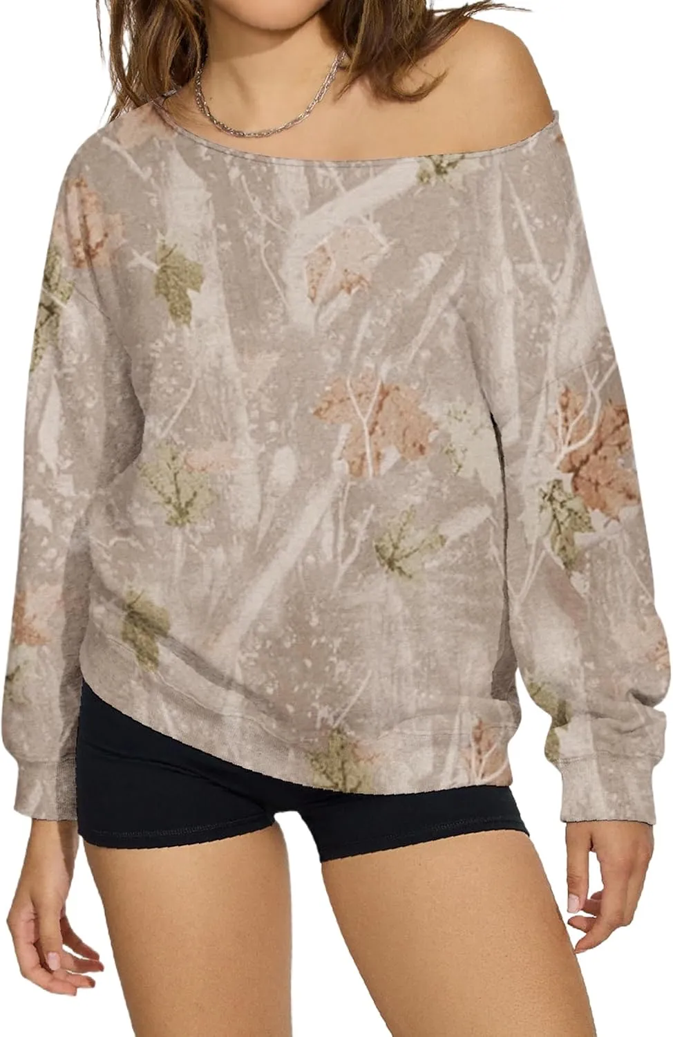 Women Off the Shoulder Camo Crewneck Sweatshirt Oversized Maple Leaf Graphic Print Sweatshirts Fleece Pullover Tops
