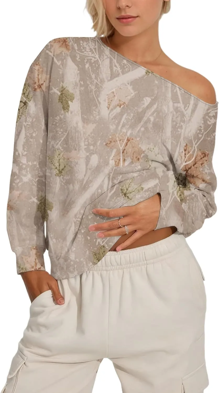 Women Off the Shoulder Camo Crewneck Sweatshirt Oversized Maple Leaf Graphic Print Sweatshirts Fleece Pullover Tops