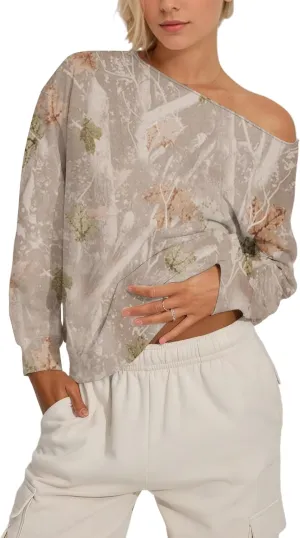 Women Off the Shoulder Camo Crewneck Sweatshirt Oversized Maple Leaf Graphic Print Sweatshirts Fleece Pullover Tops