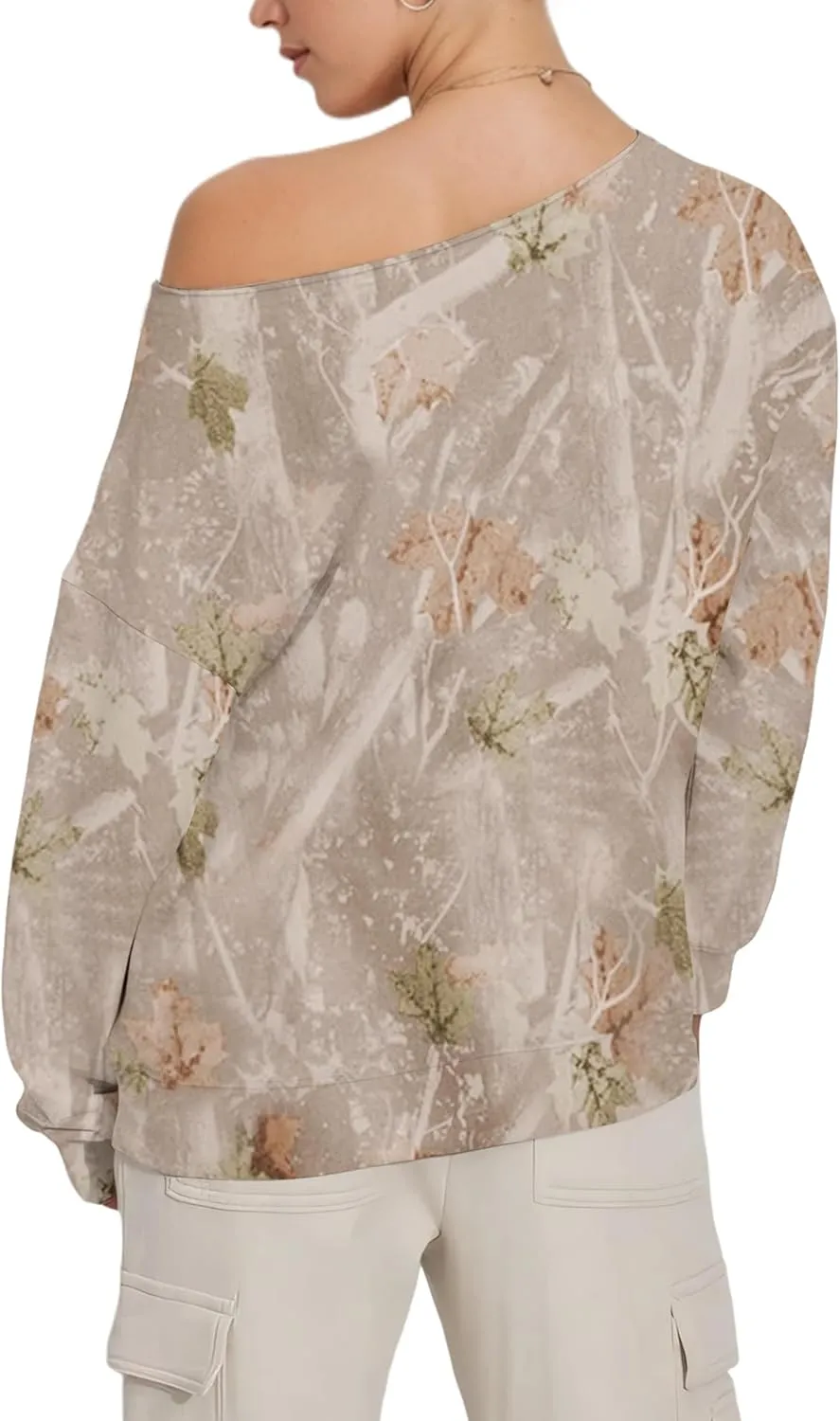 Women Off the Shoulder Camo Crewneck Sweatshirt Oversized Maple Leaf Graphic Print Sweatshirts Fleece Pullover Tops