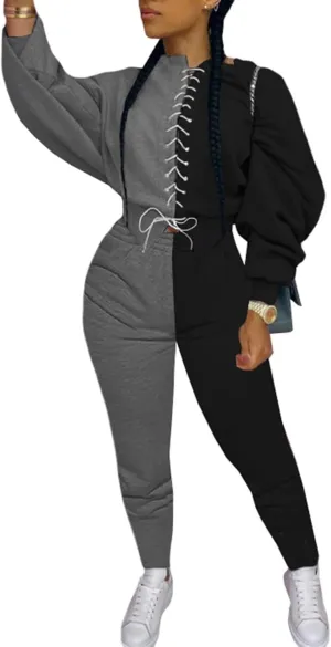Women Sexy 2 Piece Outfits Long Sleeve Color Block Hoodies Sweatshirt Bodycon Ruched Long Pants Tracksuit Set
