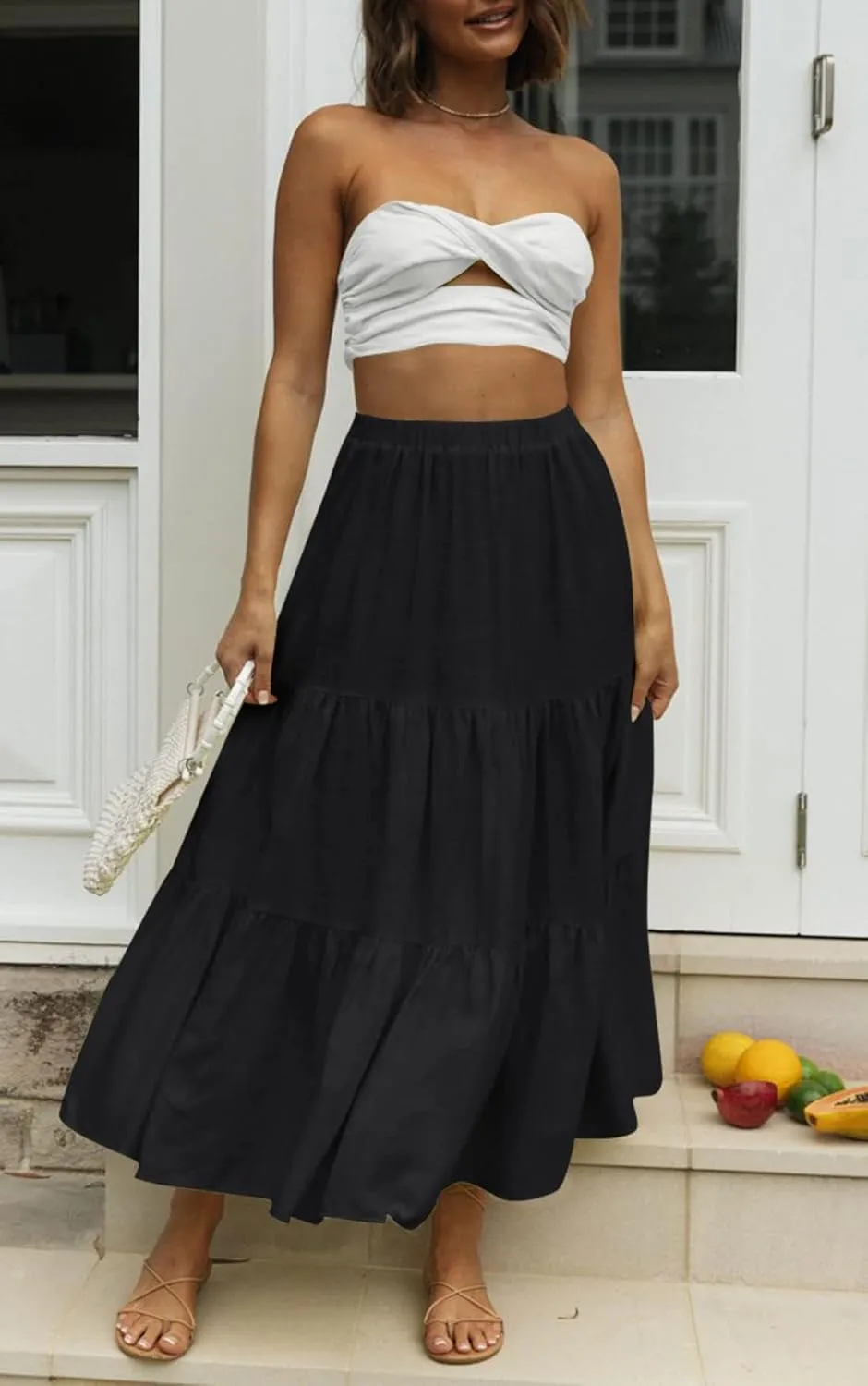 Women Summer Boho Plaid Maxi Skirt Elastic Waist Flowy A-Line Tiered Long Beach Skirt Y2k Bohemian Gingham Skirt