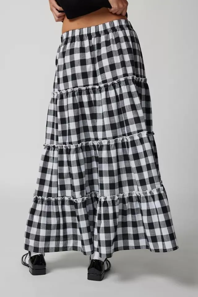 Women Summer Boho Plaid Maxi Skirt Elastic Waist Flowy A-Line Tiered Long Beach Skirt Y2k Bohemian Gingham Skirt