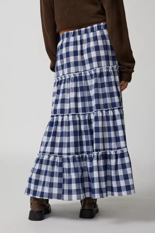 Women Summer Boho Plaid Maxi Skirt Elastic Waist Flowy A-Line Tiered Long Beach Skirt Y2k Bohemian Gingham Skirt