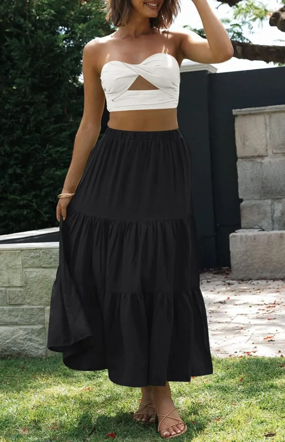 Women Summer Boho Plaid Maxi Skirt Elastic Waist Flowy A-Line Tiered Long Beach Skirt Y2k Bohemian Gingham Skirt