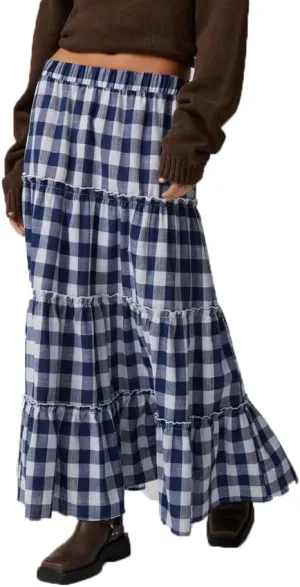 Women Summer Boho Plaid Maxi Skirt Elastic Waist Flowy A-Line Tiered Long Beach Skirt Y2k Bohemian Gingham Skirt