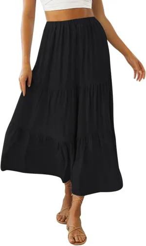 Women Summer Boho Plaid Maxi Skirt Elastic Waist Flowy A-Line Tiered Long Beach Skirt Y2k Bohemian Gingham Skirt