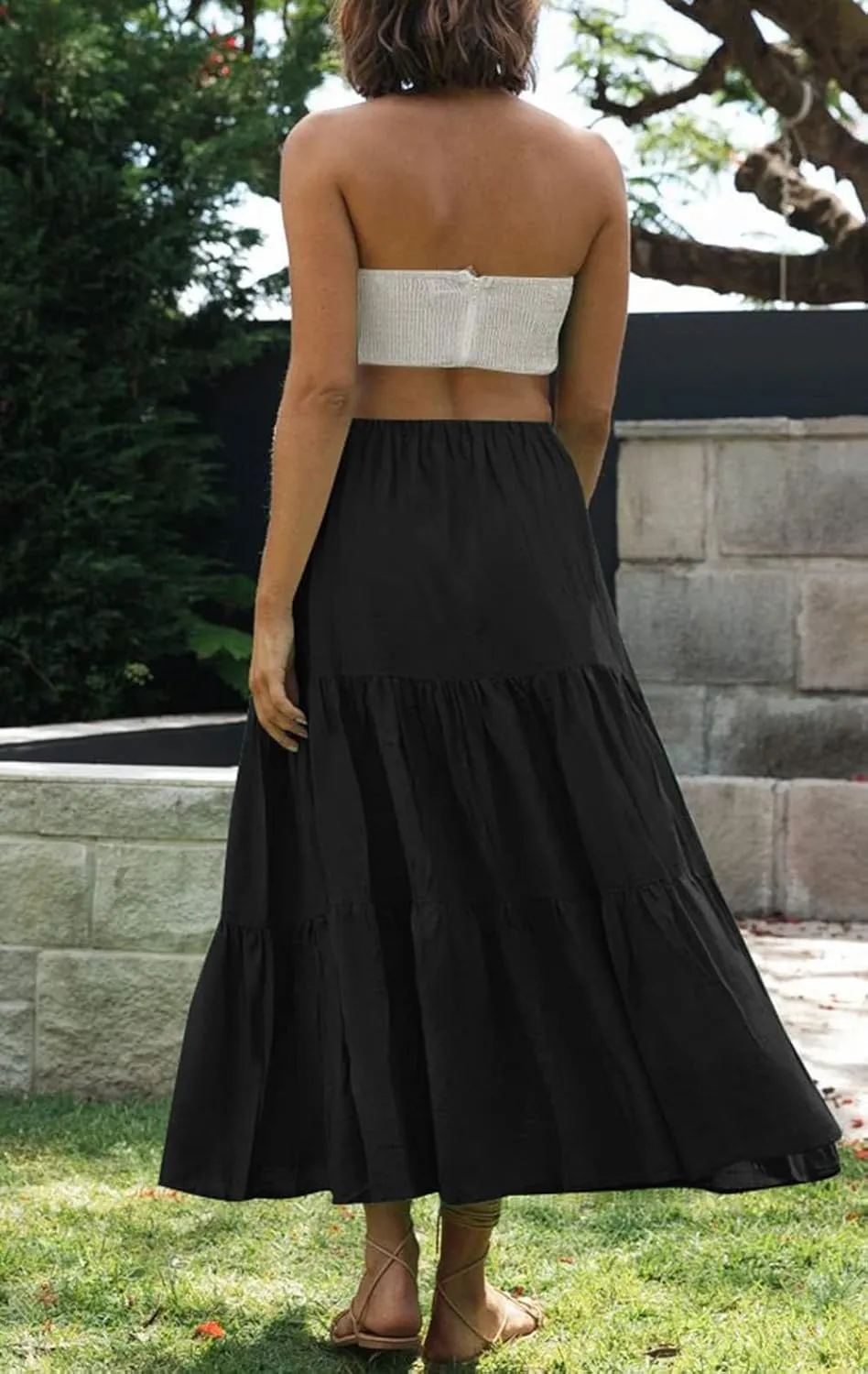 Women Summer Boho Plaid Maxi Skirt Elastic Waist Flowy A-Line Tiered Long Beach Skirt Y2k Bohemian Gingham Skirt
