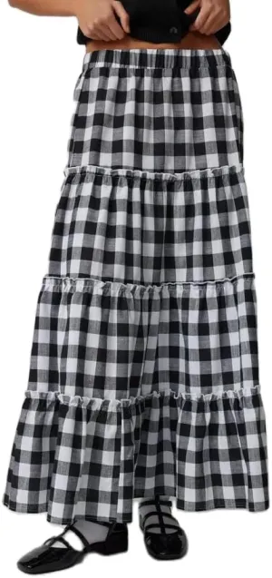 Women Summer Boho Plaid Maxi Skirt Elastic Waist Flowy A-Line Tiered Long Beach Skirt Y2k Bohemian Gingham Skirt