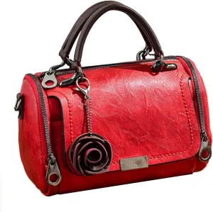 Women Vintage Tote Purse Top-handle Satchel Boston Bags Rose Pendant Shoulder Bags