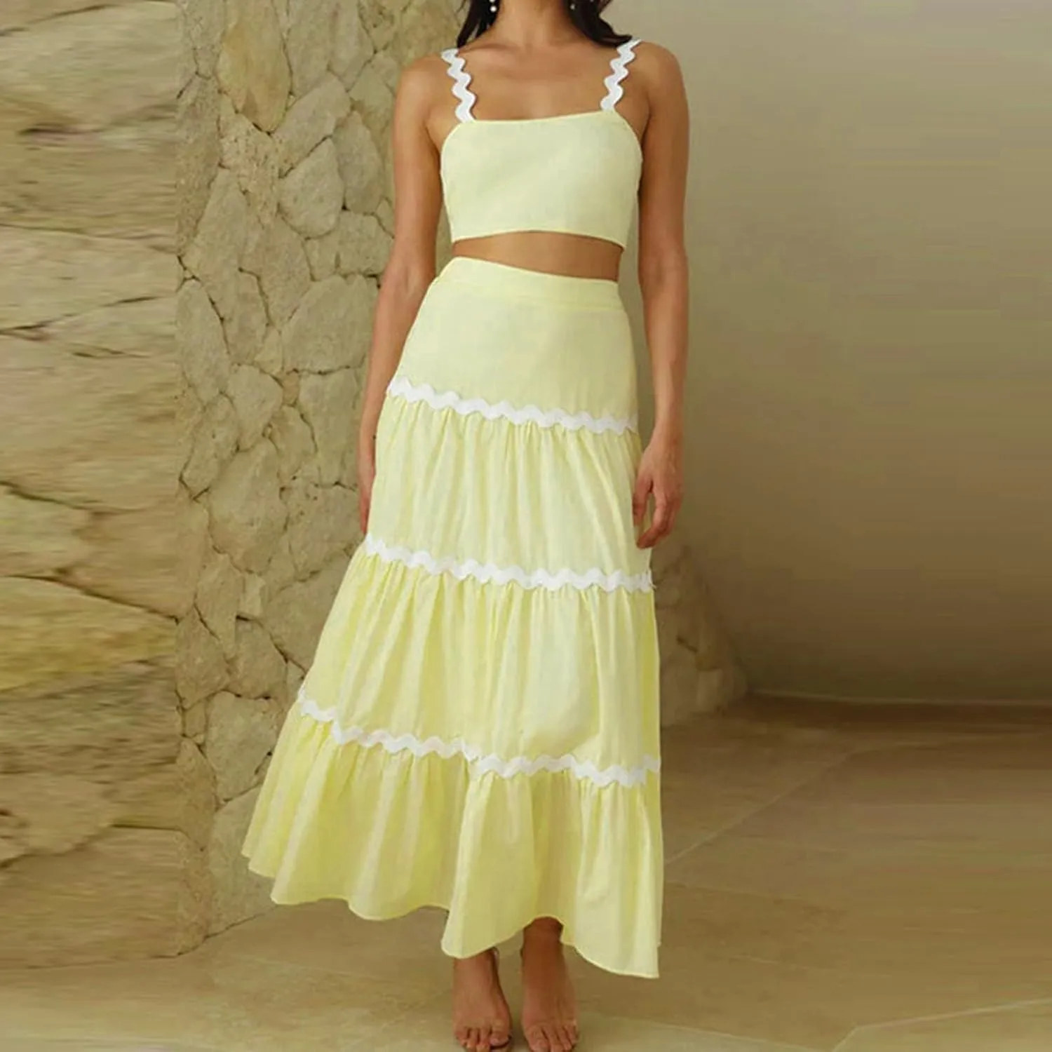 Women's 2025 Summer Halter Top Splicing Long Dress Set Work Solid Color Maxi Dress Vacation Sundress