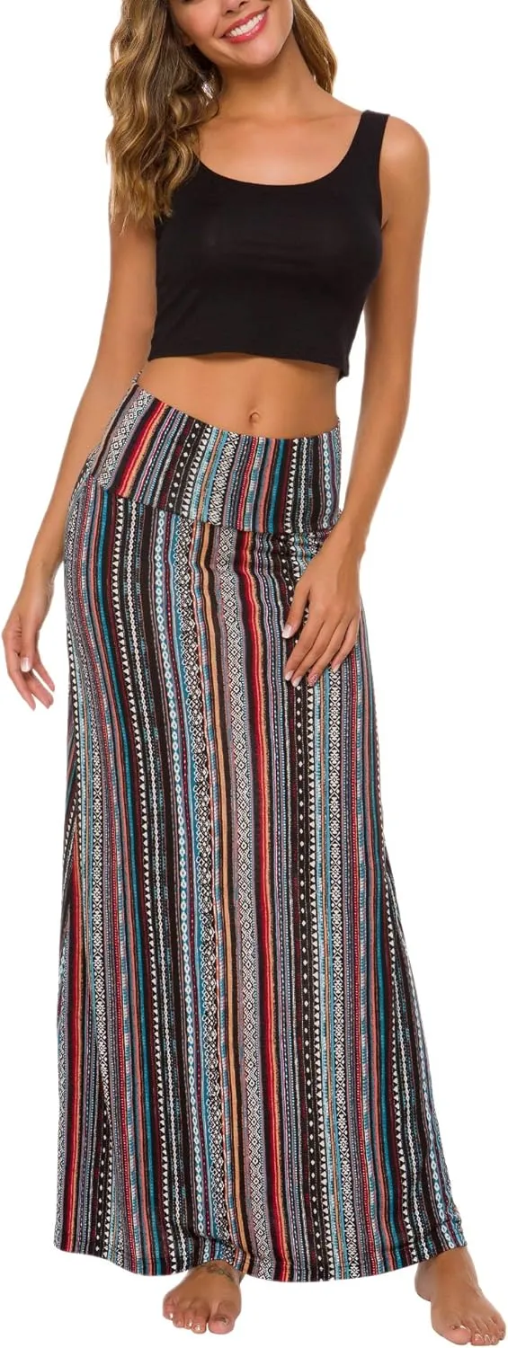 Women's Boho Flod Over Long Maxi Skirt Elastic High Waisted Long Skirts for Women