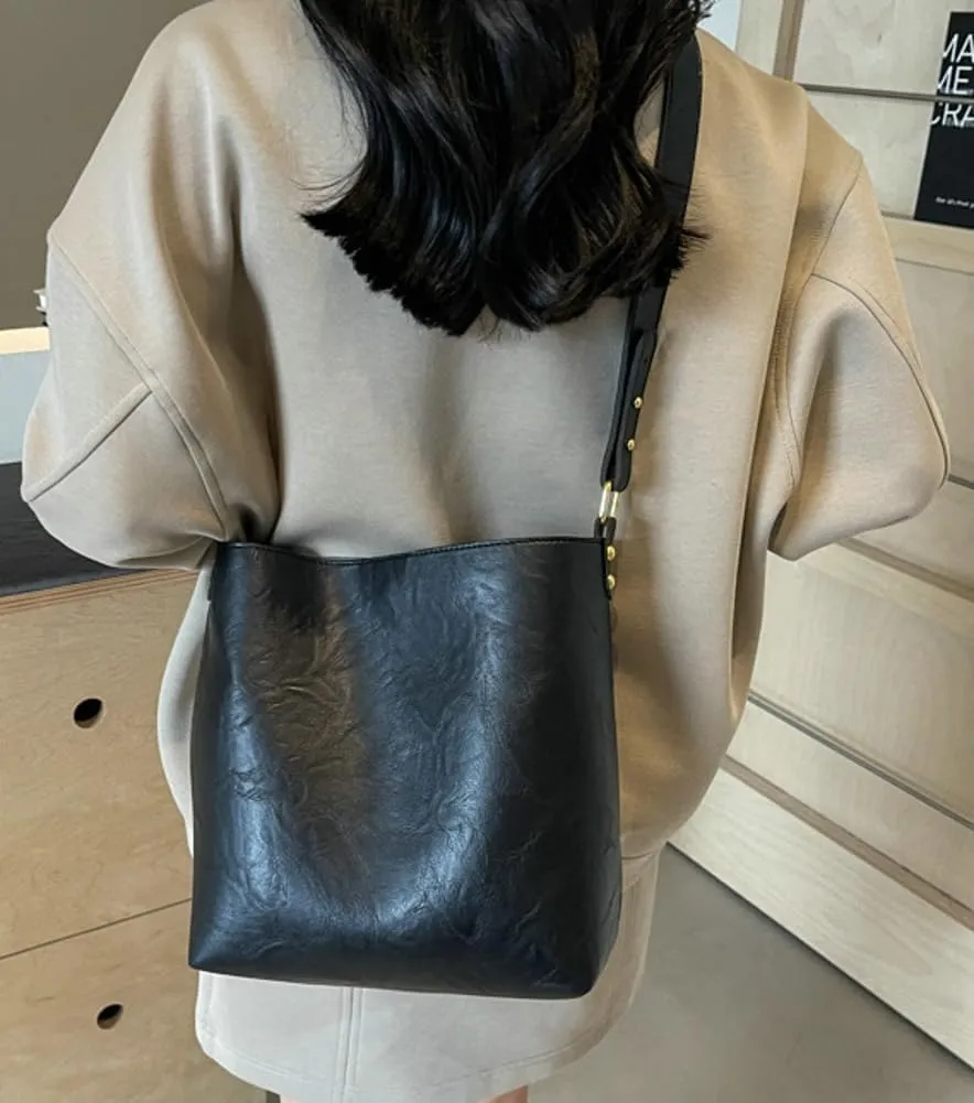 Women's Bucket Shoulder Tote Bags Fashion Large Top Handle Satchel Handbags PU Leather Crossbody Purses 2pcs