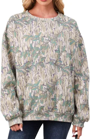 Womens Camo Sweatshirt Maple Leaf Print Oversized Camo Crewneck Sweatshirt Fleece Pullover Hoodies Long Sleeve