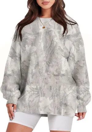 Womens Camo Sweatshirt Maple Leaf Print Oversized Camo Crewneck Sweatshirt Fleece Pullover Hoodies Long Sleeve
