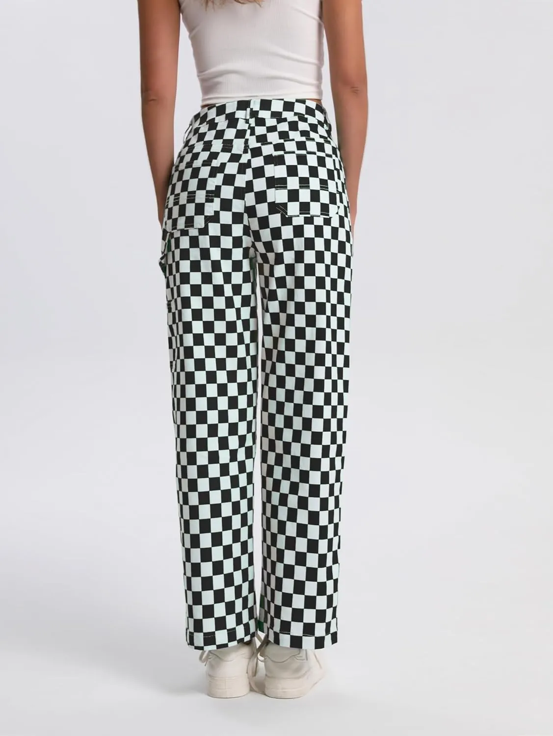 Womens Checkered Pants High Waisted Straight Wide Leg Gingham Baggy Jeans Trousers with Pockets