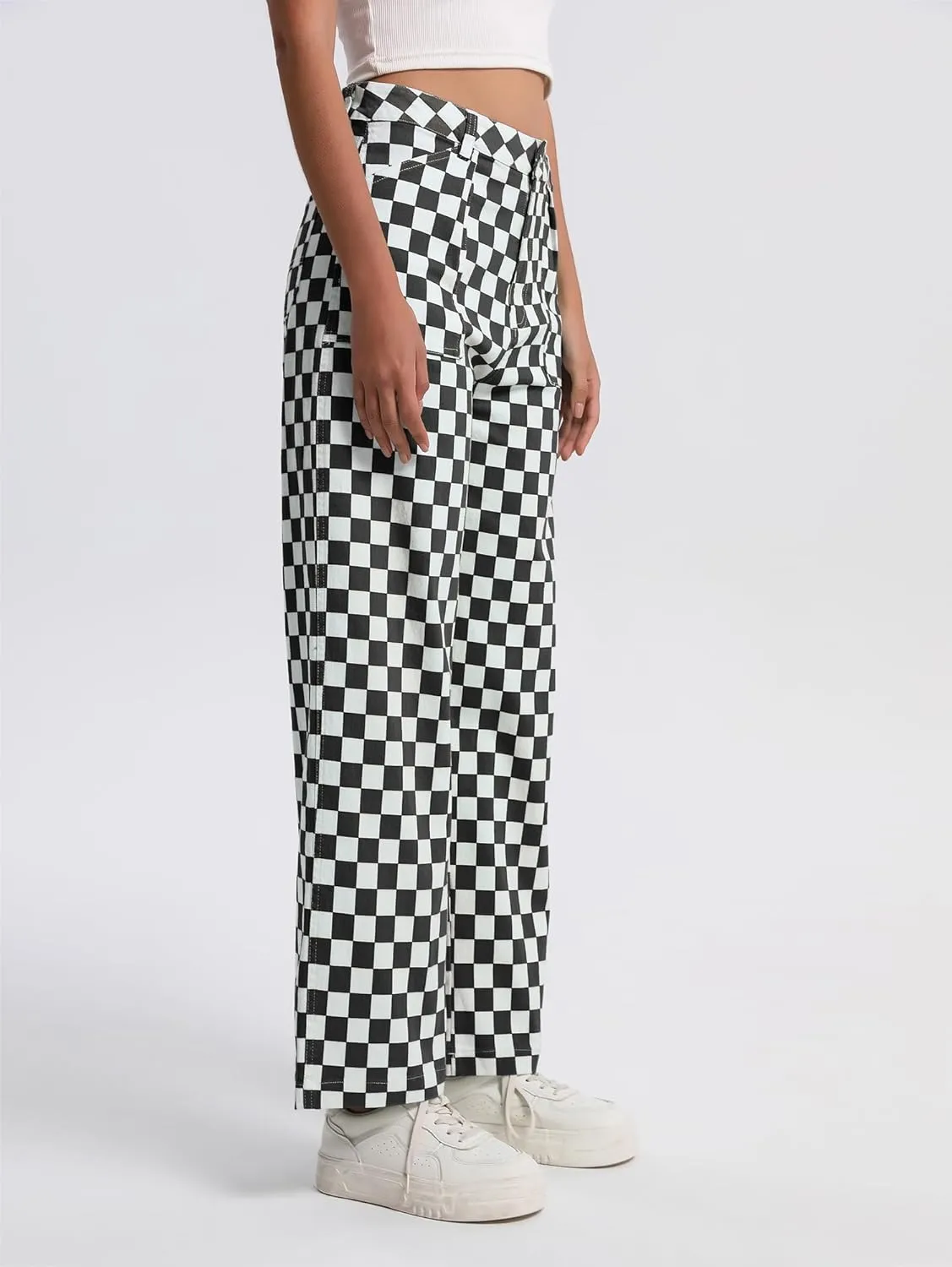 Womens Checkered Pants High Waisted Straight Wide Leg Gingham Baggy Jeans Trousers with Pockets