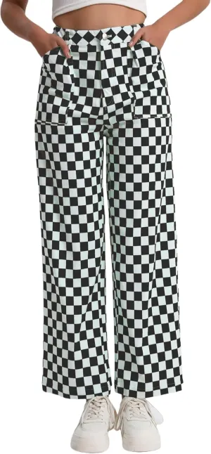 Womens Checkered Pants High Waisted Straight Wide Leg Gingham Baggy Jeans Trousers with Pockets