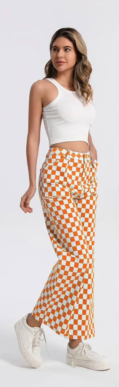 Womens Checkered Pants High Waisted Straight Wide Leg Gingham Baggy Jeans Trousers with Pockets