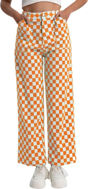 Womens Checkered Pants High Waisted Straight Wide Leg Gingham Baggy Jeans Trousers with Pockets