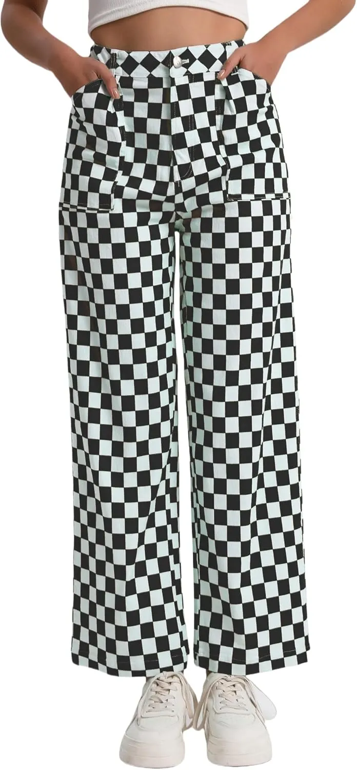 Womens Checkered Pants High Waisted Straight Wide Leg Gingham Baggy Jeans Trousers with Pockets