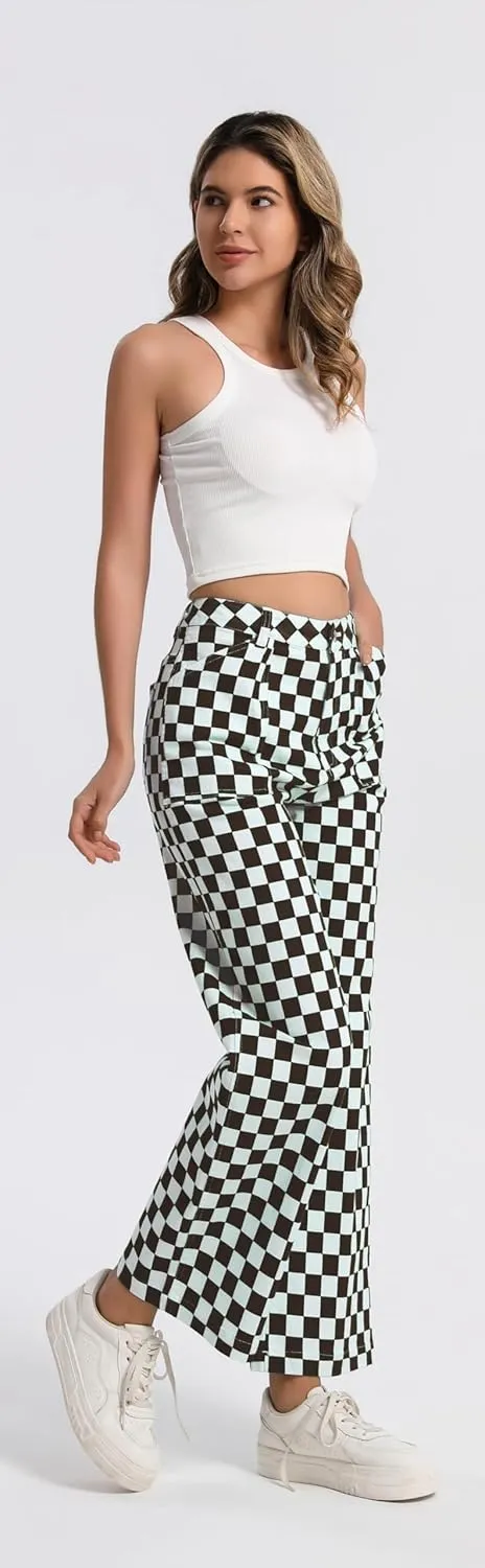Womens Checkered Pants High Waisted Straight Wide Leg Gingham Baggy Jeans Trousers with Pockets