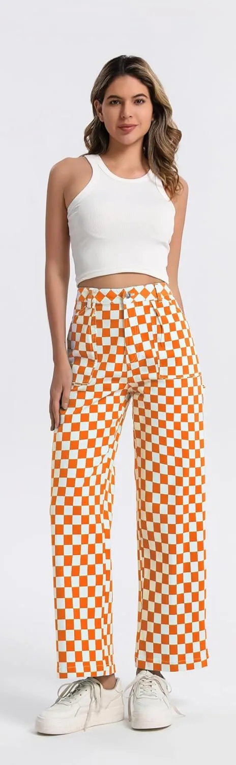 Womens Checkered Pants High Waisted Straight Wide Leg Gingham Baggy Jeans Trousers with Pockets