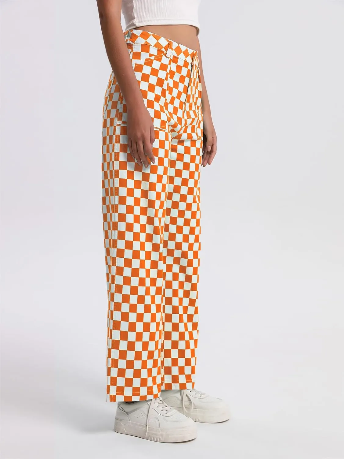 Womens Checkered Pants High Waisted Straight Wide Leg Gingham Baggy Jeans Trousers with Pockets