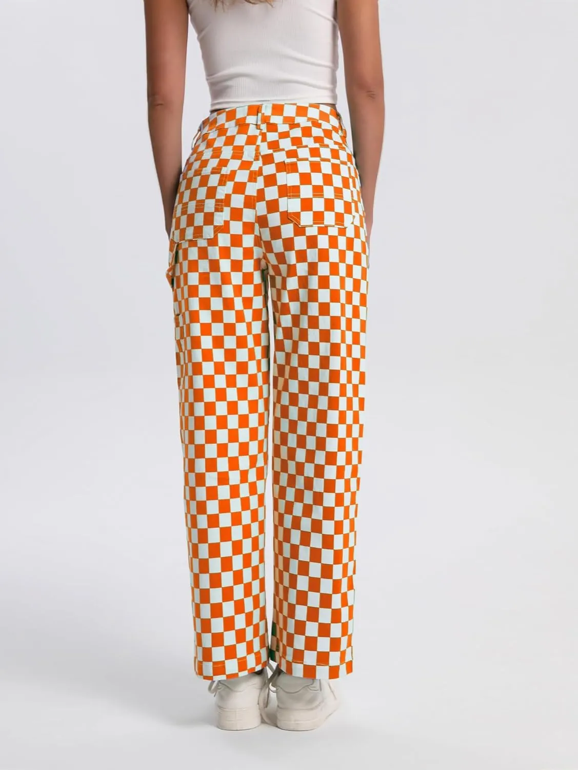 Womens Checkered Pants High Waisted Straight Wide Leg Gingham Baggy Jeans Trousers with Pockets